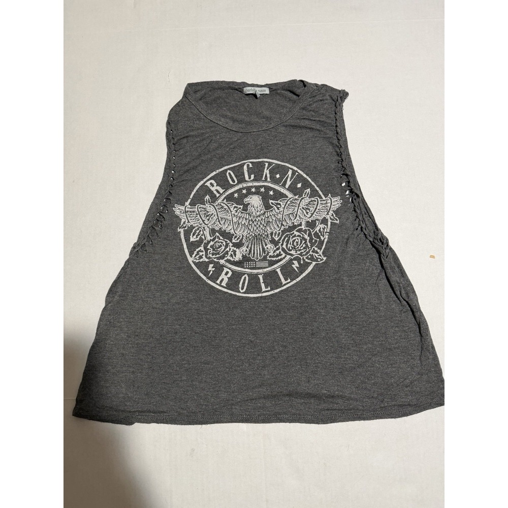 charlotte russe grey 'rock n roll' sleeveless‎ women's small grunge tee #1231